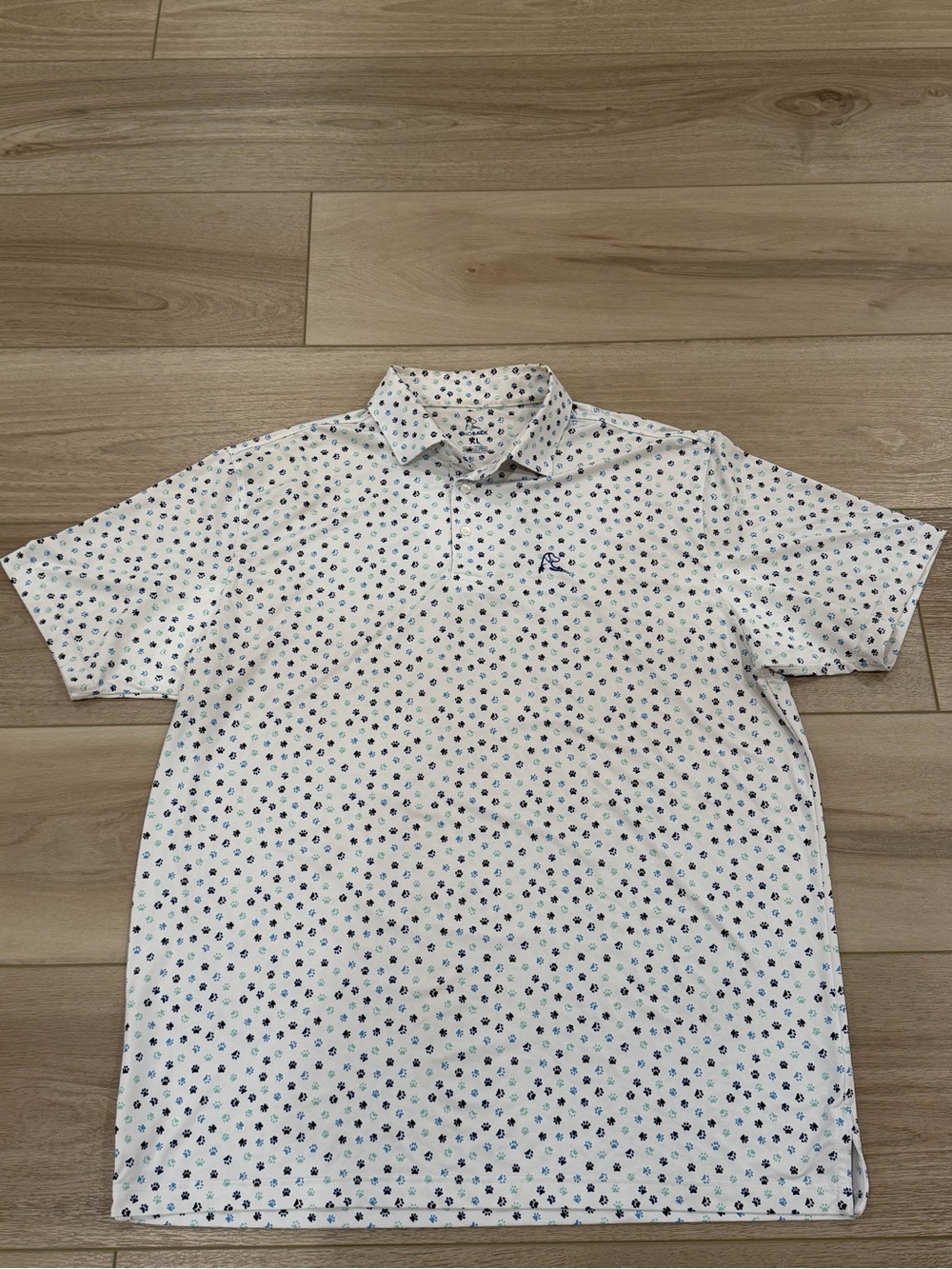 Rhoback Polo Shirt Mens XL Blue Dog Paw Prints Short Sleeve Golf Stretch Preppy